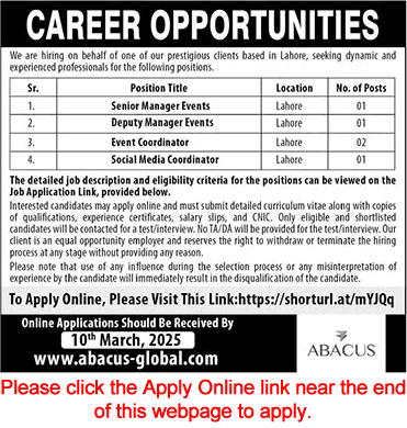 ABACUS Lahore Jobs 2025 February Apply Online Event Coordinators / Managers & Others Latest