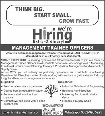 Management Trainee Officer Jobs in Mirari Furniture Islamabad 2025 March MTO Latest