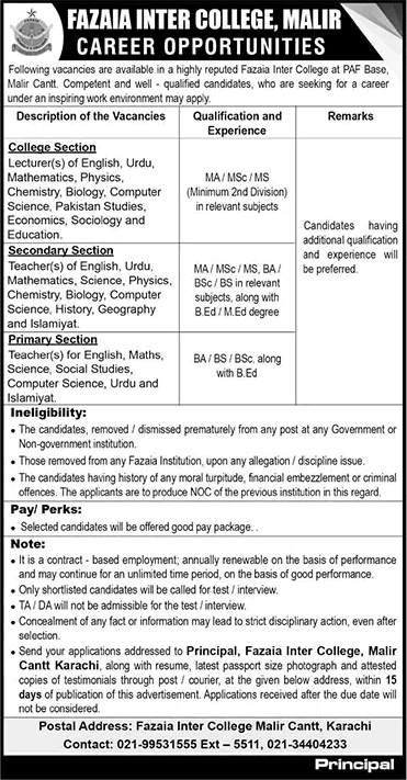 Fazaia Inter College Malir Karachi Jobs 2025 March Lecturers & Teachers FIC Latest