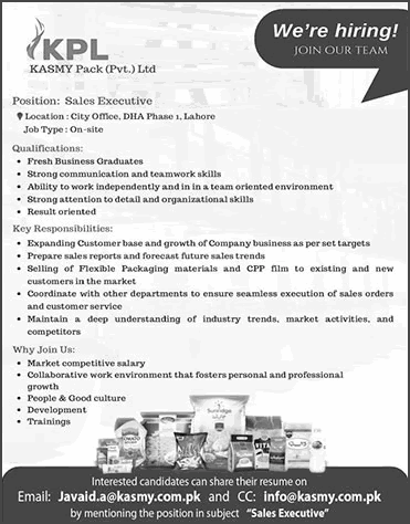 Sales Executive Jobs in Lahore March 2025 at KASMY Pack Pvt Ltd (KML) Latest